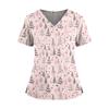 Women's Christmas Print V-Neck Short Sleeve Top with Pockets and Side Slit Work Uniform