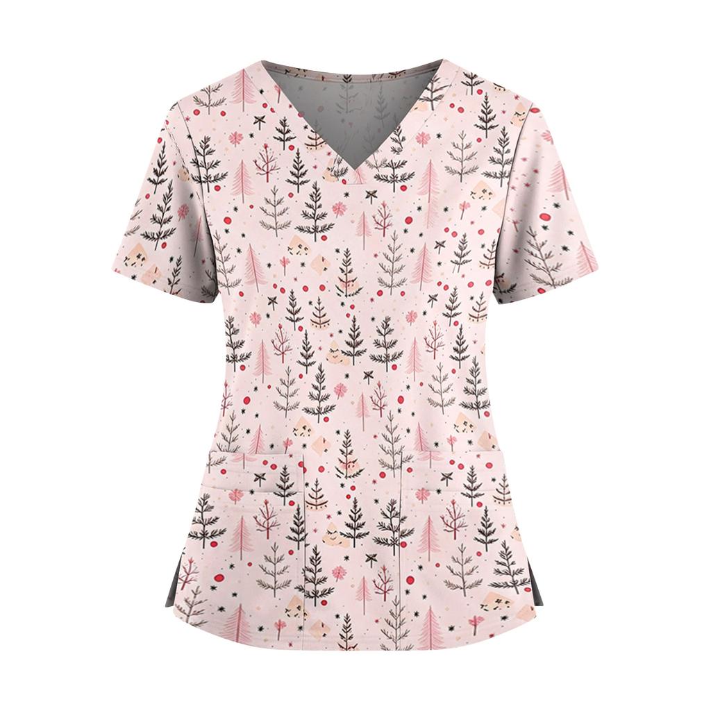 Women's Christmas Print V-Neck Short Sleeve Top with Pockets and Side Slit Work Uniform