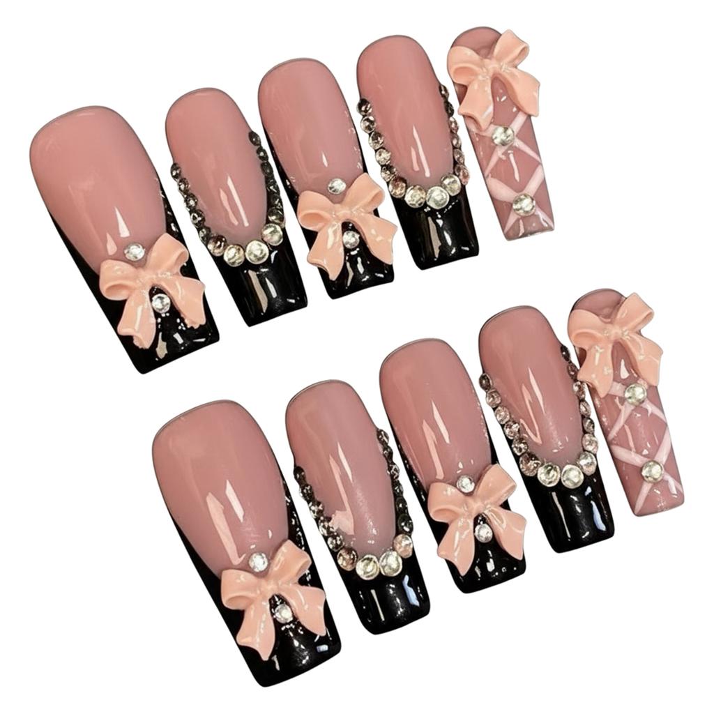 10pcs Press On Nails Black French Style 3D Ribbon Knot Design for Women Reusable Press On Nails for Parties Weddings