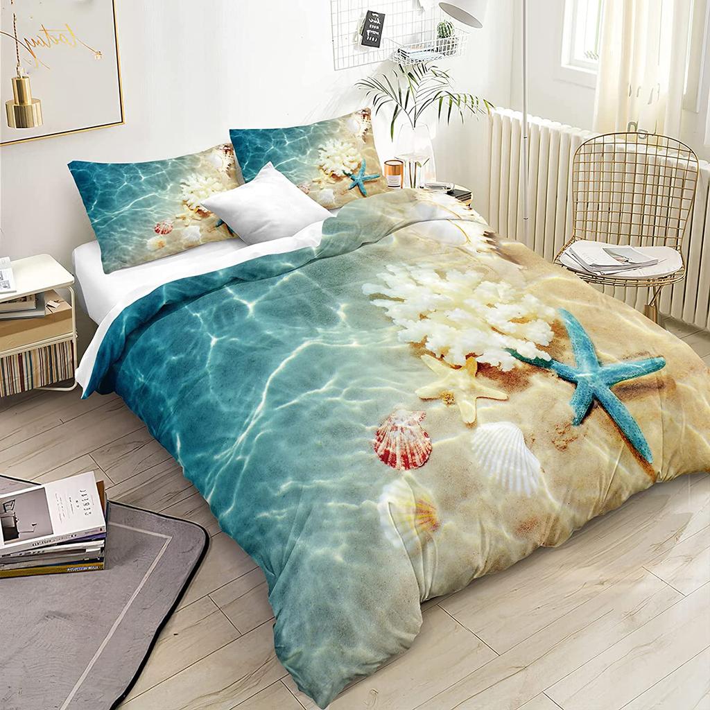 Starfish Duvet Cover King Queen Blue Ocean Bedding Set Beach Seaside Quilt Cover Sea Animal 2/3pcs Polyester Comforter Cover