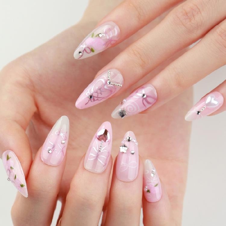 24Pcs Almond Fake Nail Press On Nail Artificial Acrylic Nail Glues On Nail Bows Heart Designs French Tips False Nail