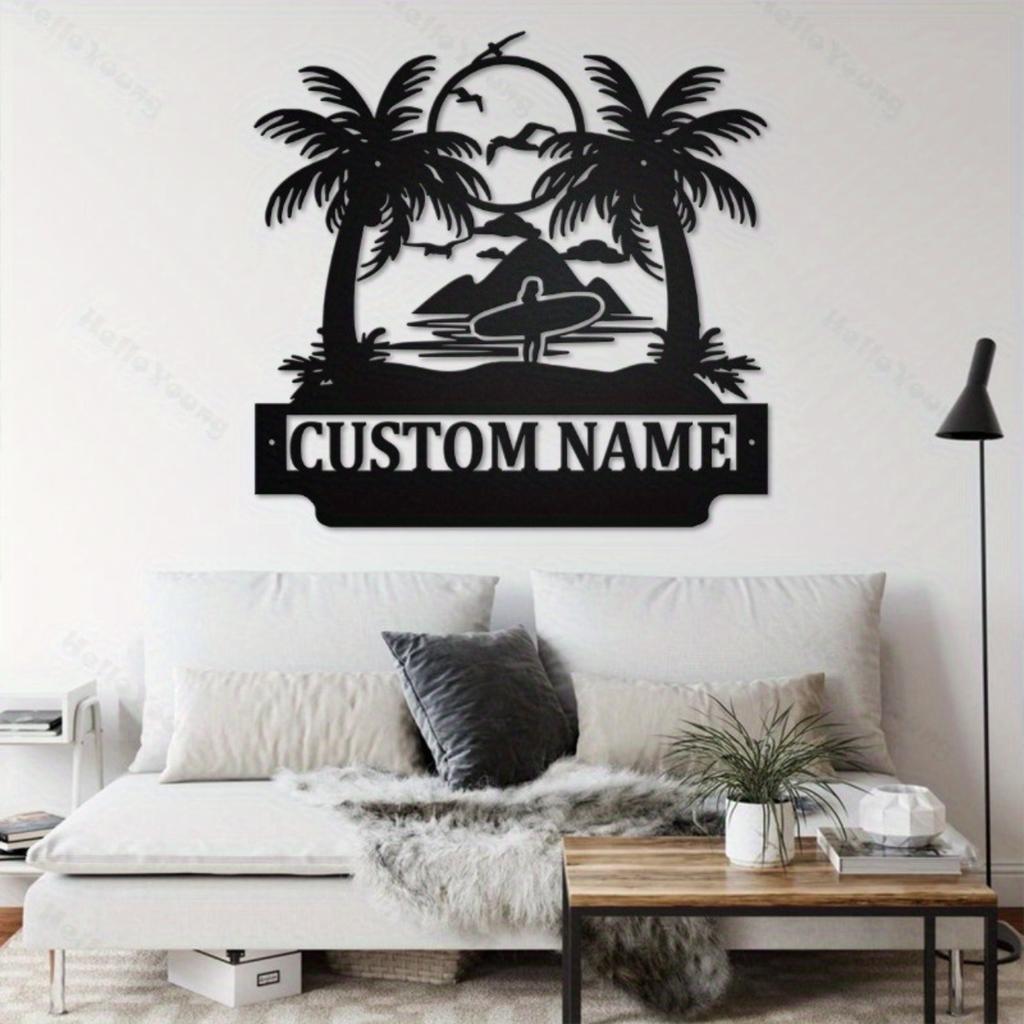 Customizable Metal Wall Art Plaque Beach Silhouette Family Name Sign for Home Garden Entrance