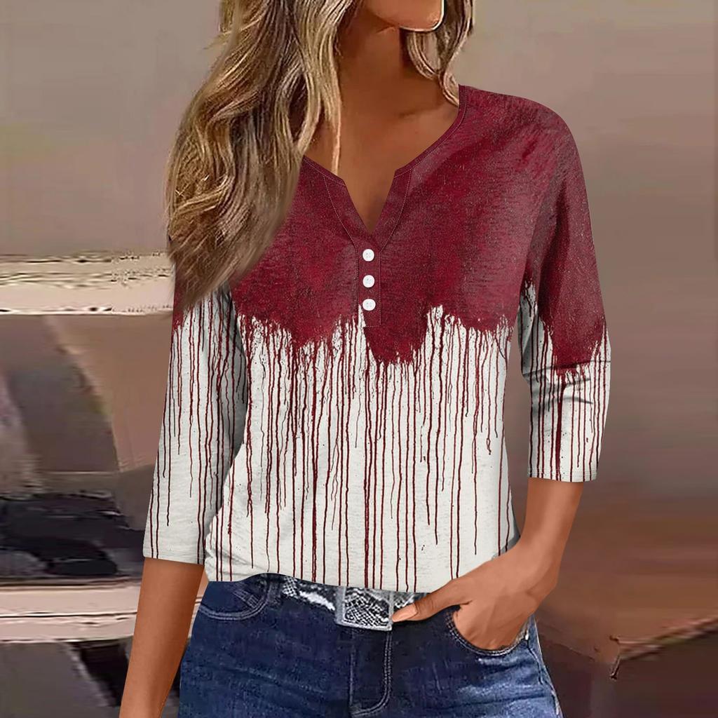 Damesmode Casual Halloween Print V-hals Korte Mouw Decoratieve Knop Driekwart Mouw T-shirt Top