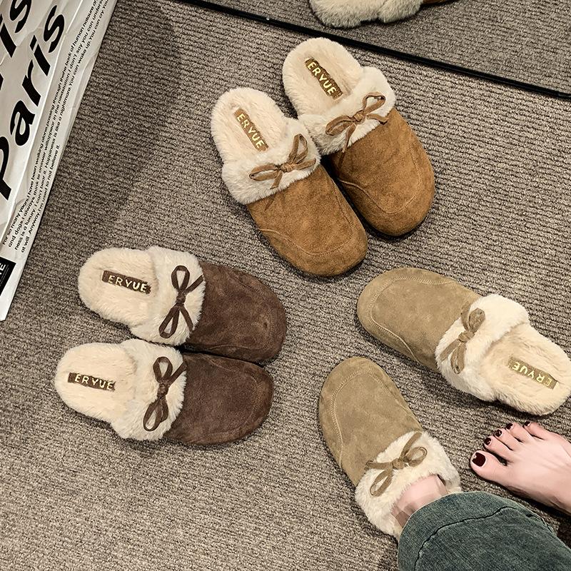 Retro bag head thick-soled fluffy half-slippers for women to wear 2025 winter new lazy one-pedal Doudou half-drag cotton shoes