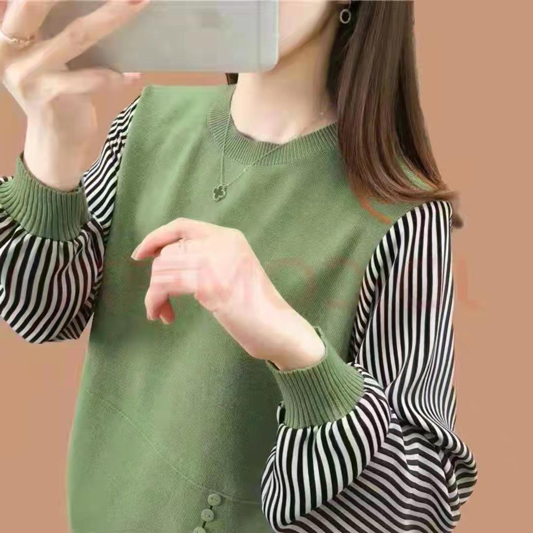 

Корейская модная искусственная блузка из двух частей, женские повседневные лоскутные топы с круглым вырезом и длинными рукавами average size зелёный