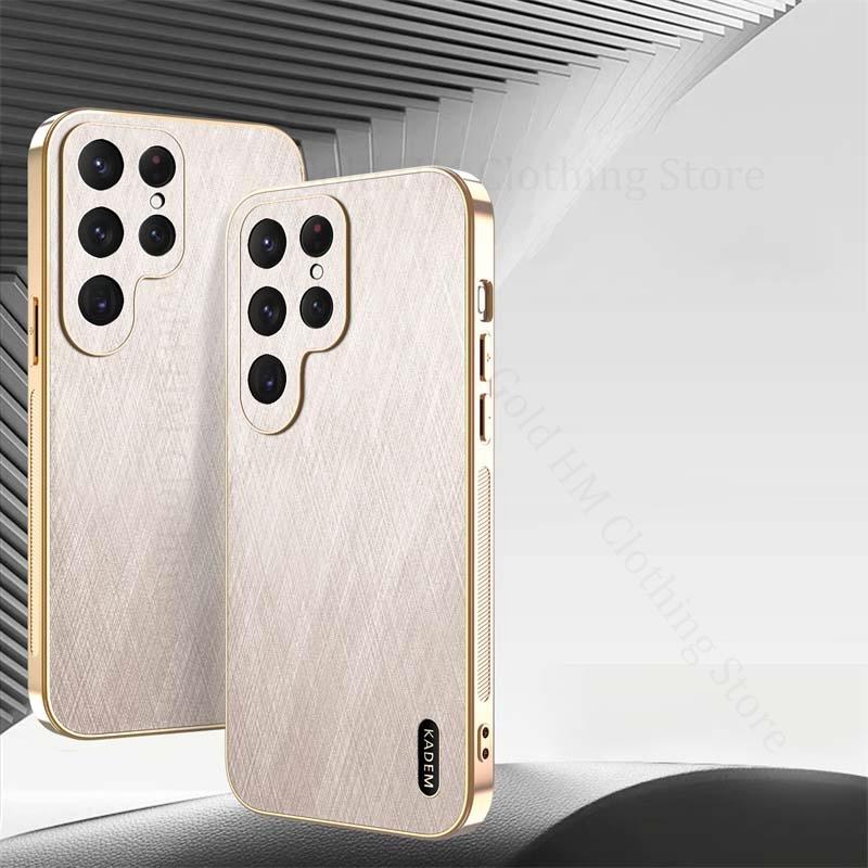 For Samsung S25 Ultra 5G Gold Silk Texture Leather Phone Case For Galaxy S24 FE S23 Ultra S22 Plus 6D Plating Bumper Back Cover