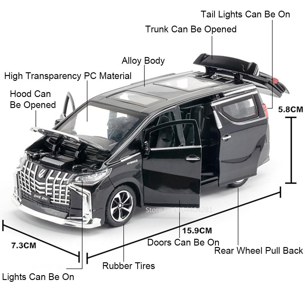 1:32 Alphard Coaster Miniature Model Toys Diecast Alloy Car Doors Opened Sound Light Pull Back Trendy Ornaments for Friend Gifts