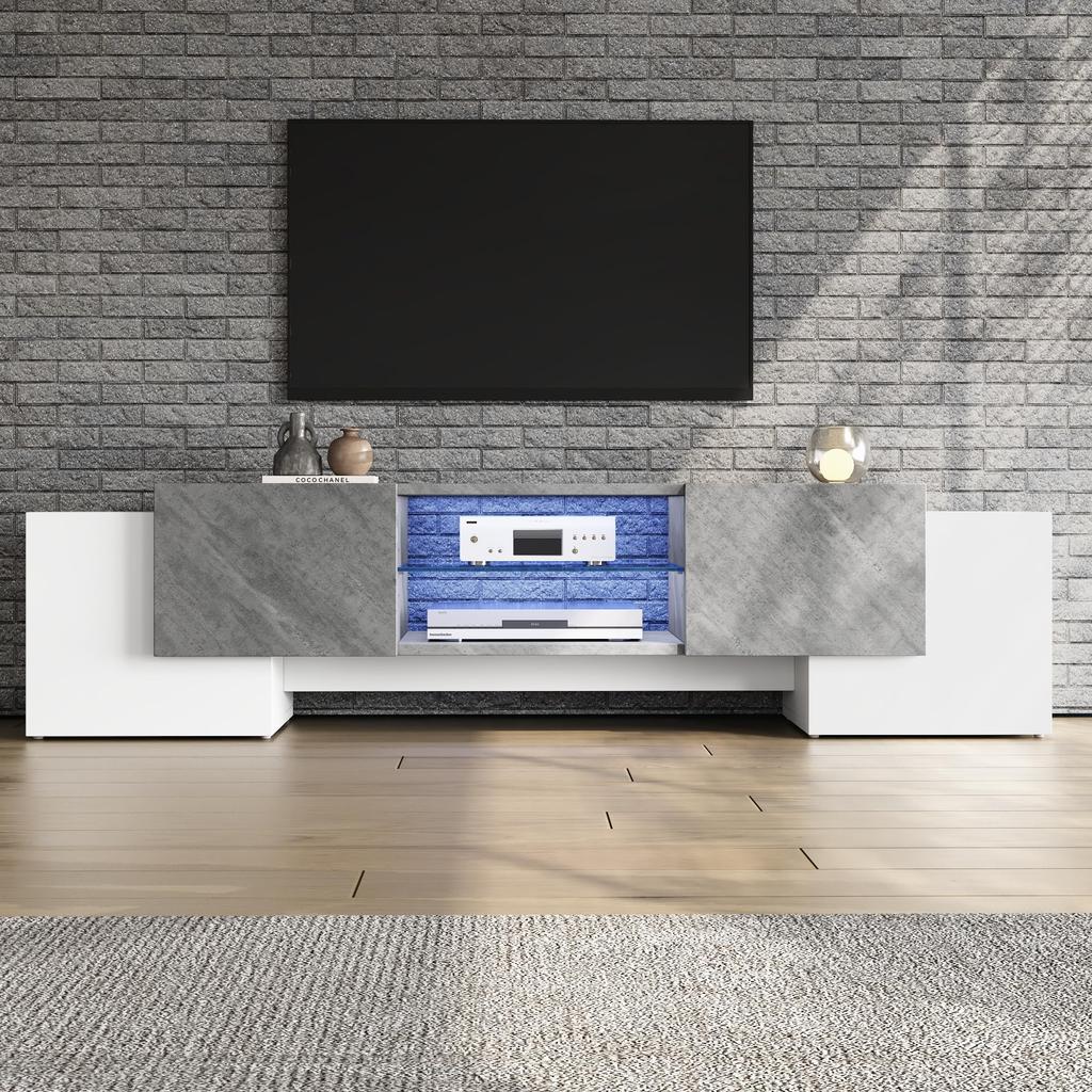 TV Schrank, TV Lowboard Moderner 60/65/70 Zoll Fernseher, TV Ständer 4 Türen, Glasböden, TV Bank Wohnzimmer Schlafzimmer, TV Möbel, Weiß & Grau