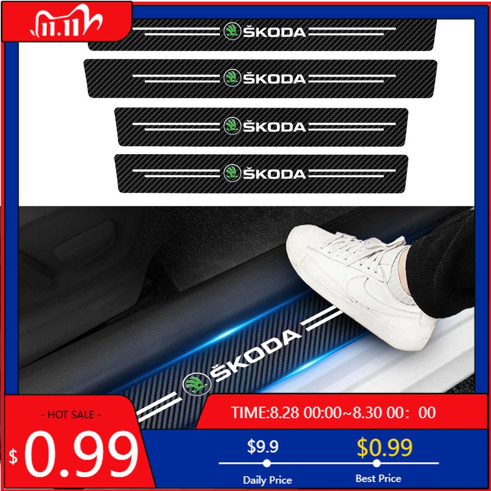 Car Sticker 4Pcs Carbon Fiber Car Door Sill Protector Threshold Stickers For Skoda Rapid Scala Kodiaq Fabia Kamiq Karoq Octavia