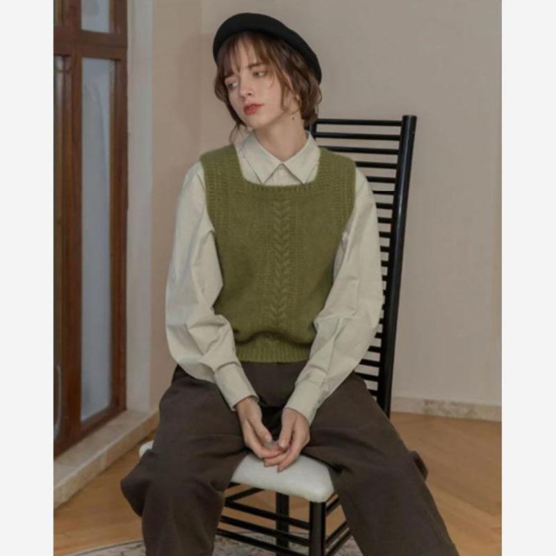 Square Collar Sweater Vest Ladies French Vintage Twisted Knitted Vests Women Autumn Winter Casual Slim Pullovers Vests