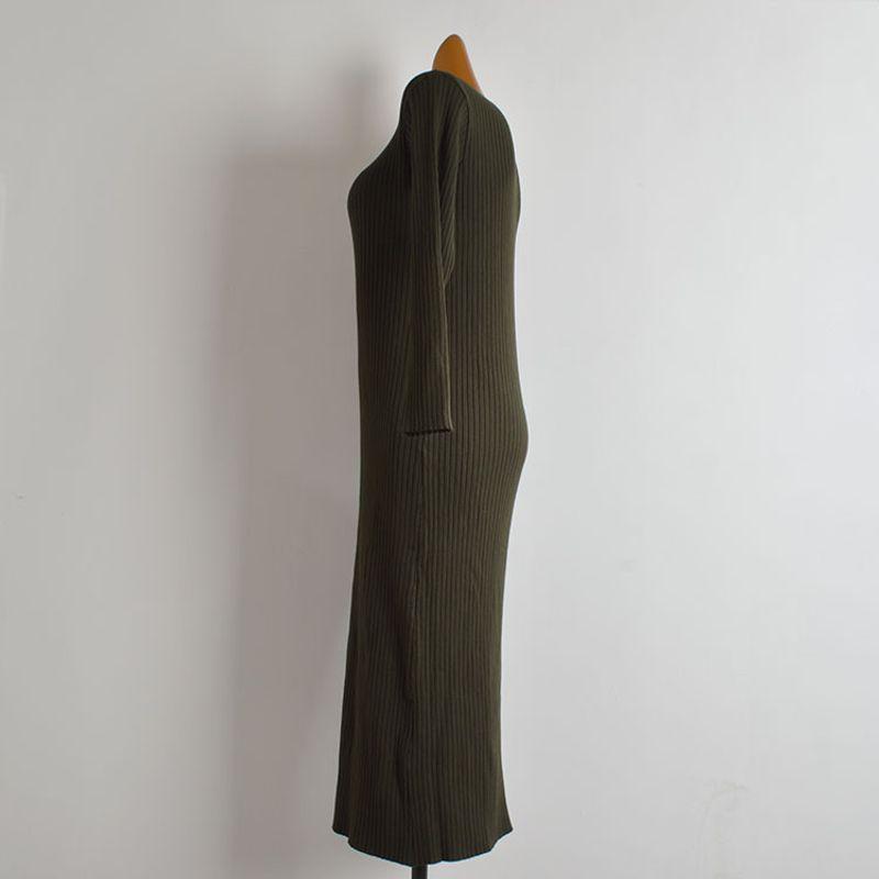 New Arrival Pure Color Round Neck Pullover Long Sleeves Knitting Dress Women's Clothing Fall Slim Fit Slim Looking Below the Knee Long Dress
