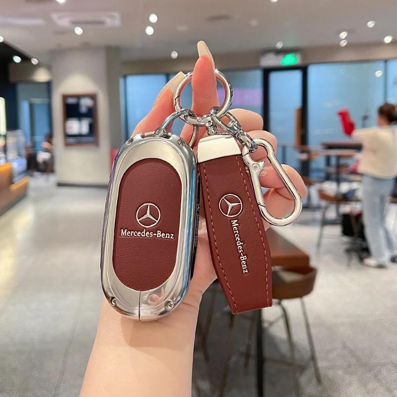 Leather Car Key Case Remote Cover Shell Bag Holder Fob For Mercedes Benz A B C E S Class S400L CLA CLS GLC GLE GLS EQE EQS AMG