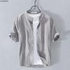 Men's Summer Stand Collar Cotton Linen Shirt - White Ice Silk Short Sleeve Polo