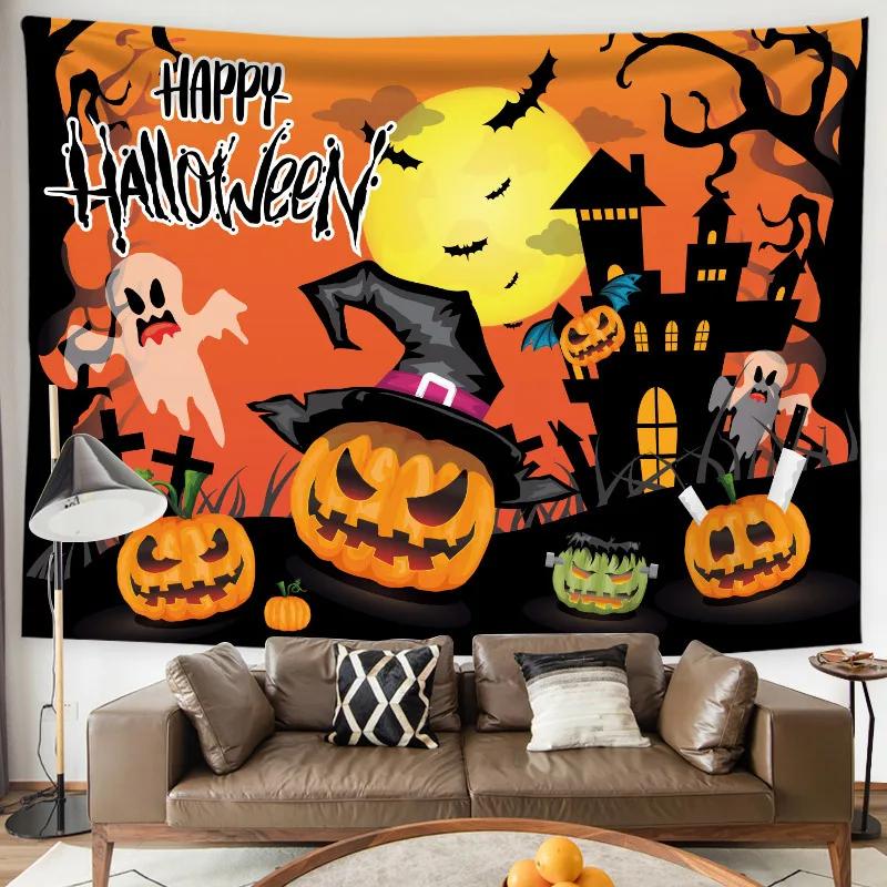 Happy Halloween Tapestry Horror Spooky Castle Pumpkin Wall Hanging Dorm Room Wall Decor Backdrop Fabric Halloween Wall Blanket