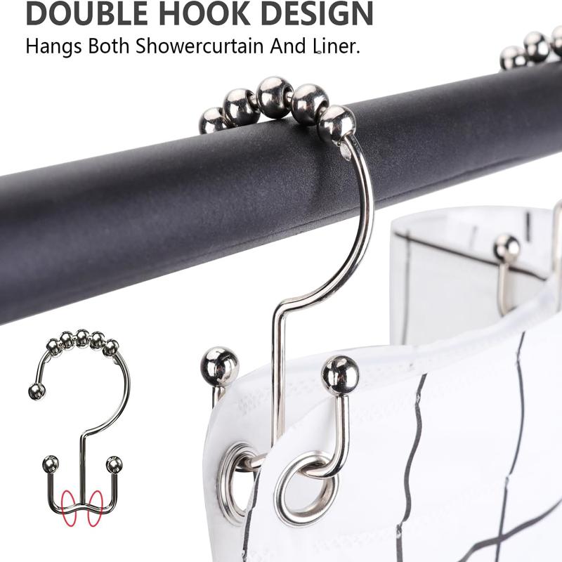 12 Stück Duschvorhang-Hakenringe aus Edelstahl mit Metallrollenkugel, doppelseitiger Schiebehaken für Badezimmer-Duschstangenvorhänge