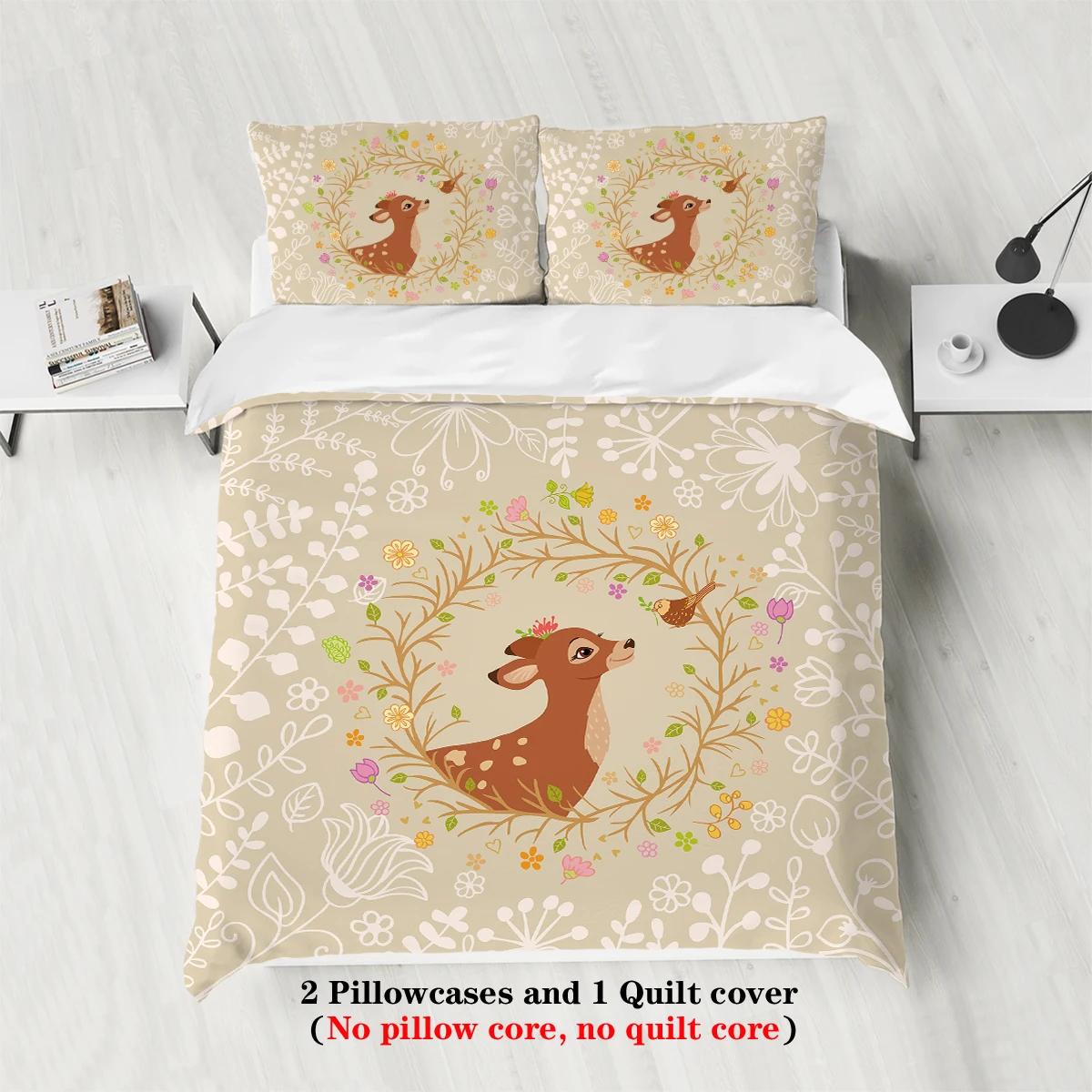 

3pcs cartoon cute deer pattern printed bedding set 1*duvet cover+2*pillowcase suitable for girls and women bedroom US Twin(172x218cm)