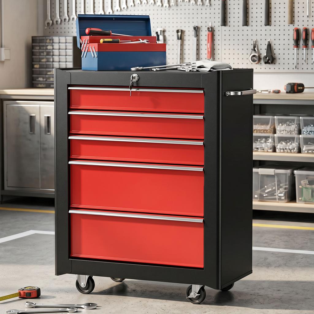 5 Drawer Tool Chest Lockable Steel Tool Storage Cabinet With Wheels And Handle Tool Box For Garage Workshop Red