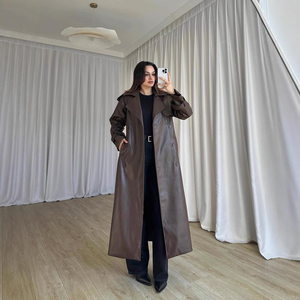 2025 cross-border European and American women's clothing Amazon fashion waist long pu leather coat feeling leather trench coat set