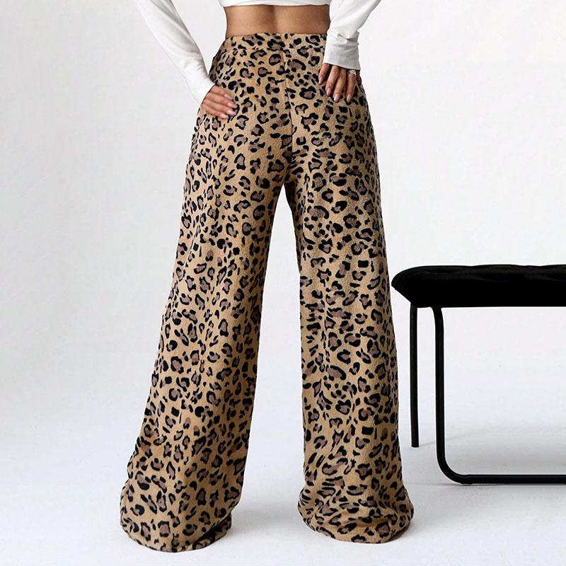 Loose Wide Leg Pants Women's Casual Flannel Leopard Print Trousers In Autumn and Winter