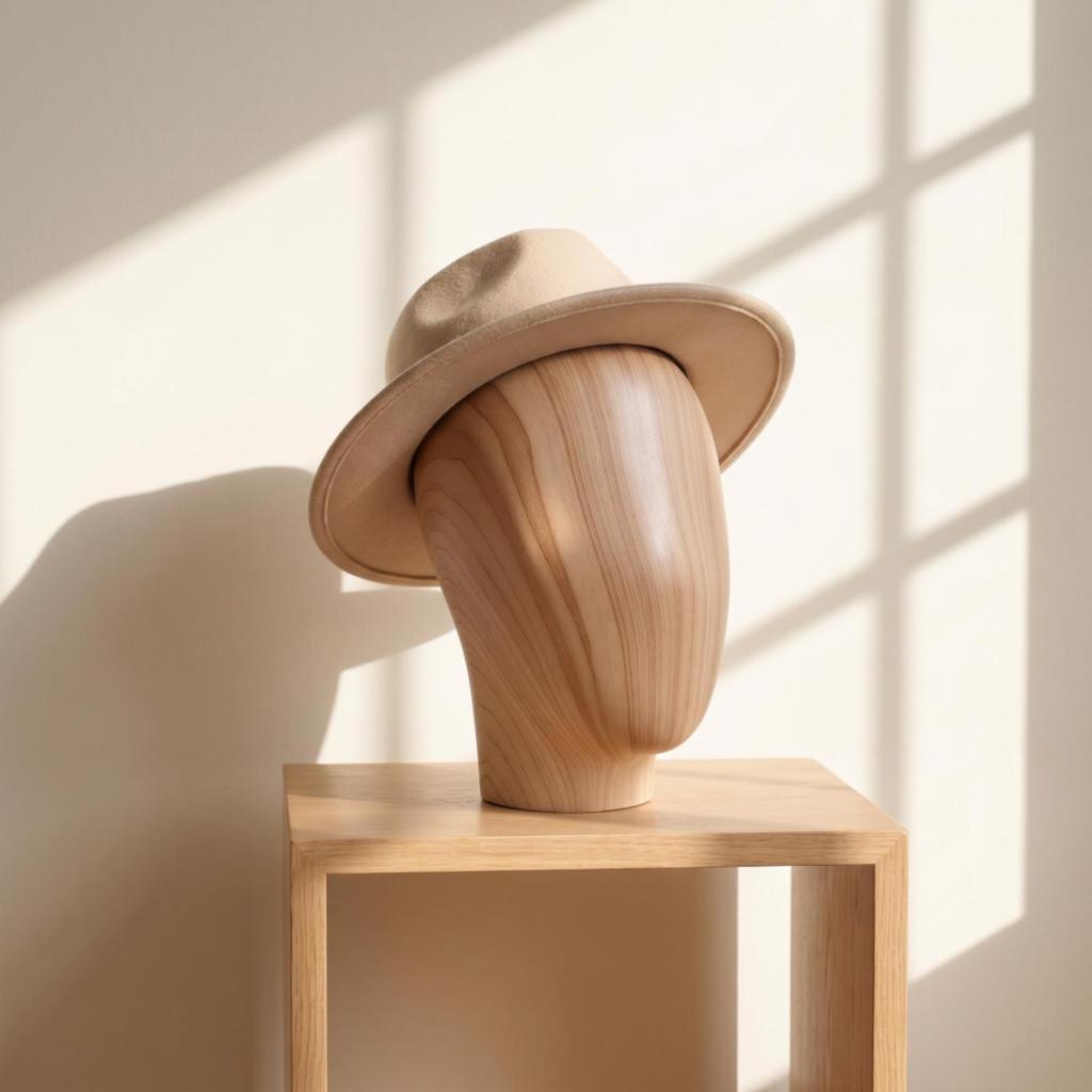 Testa di Manichino con Base Stand Finitura Legno Leggera per Rivenditori