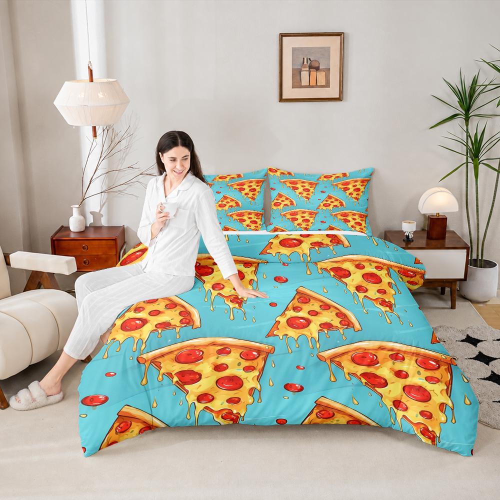 Pepperoni Pizza Slice Pattern 3 Piece Bedding Set, Melting Cheese Food Duvet Cover Set for Kids Teens Kitchen Bedroom Decor