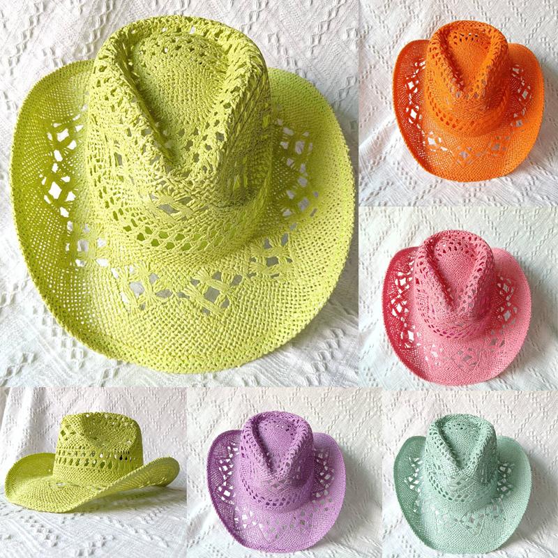Cappelli Gialli Estivi da Uomo Stile Western Intrecciati a Mano in Paglia Cappello Jazz da Sole da Spiaggia Cappellino da Cowgirl Donna Rosa Shocking Monocolore Sombrero Uomo