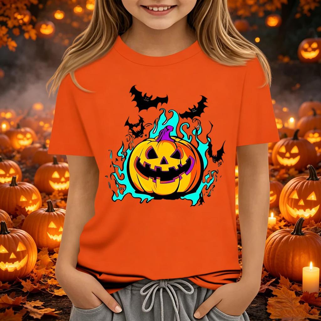 Kids Halloween Printed Neck Short Sleeve T-Shirt Loose Fit Casual Top