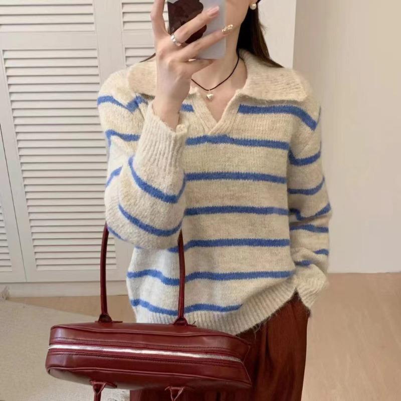 Lapel pullover sweater women's spring and autumn new simple contrasting stripes lazy versatile loose knitted sweater