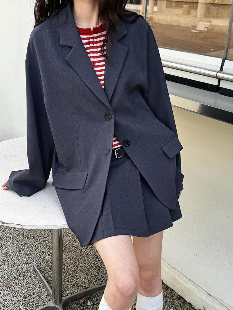 Luxi Women's High-End Korean Casual Suit: Cuff-Stitched Blazer + Pleated Skirt Set 8719