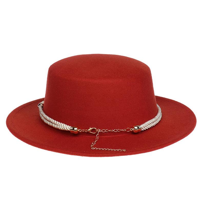 Women's Wool Felt Flat Top Fedora Hat - French Autumn/Winter Retro Style with Chain