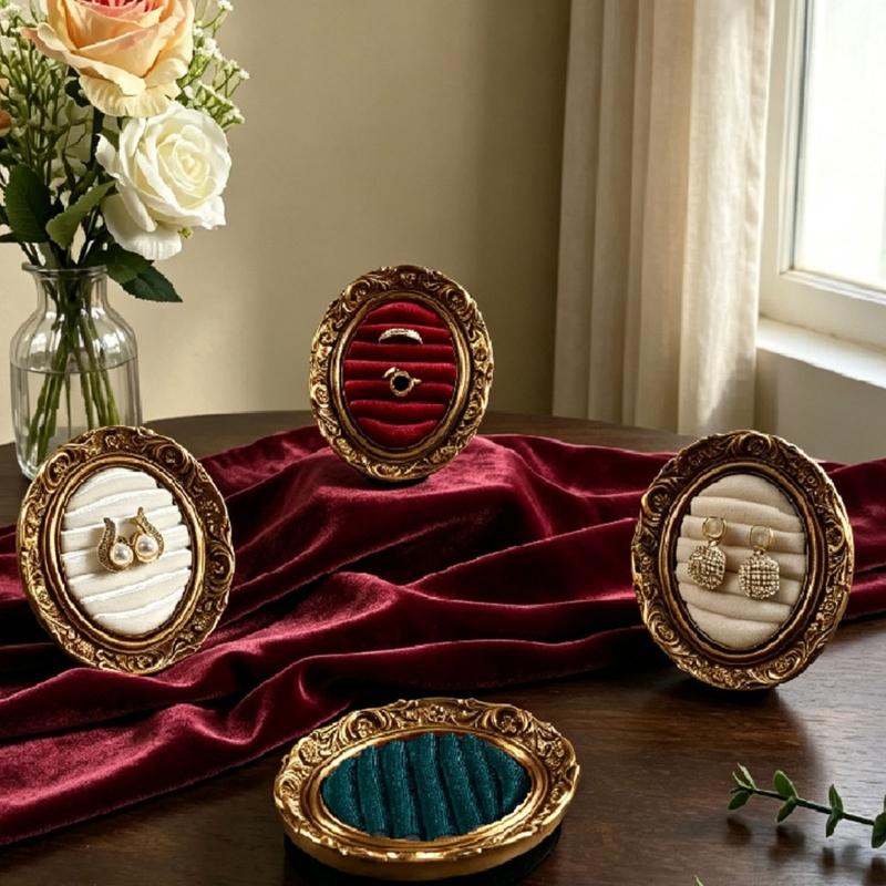 Ring Display Tray with Multiple Horizontal Slots, Ornate Oval Scrollwork Frame and Flat Base for Tabletop Presentation