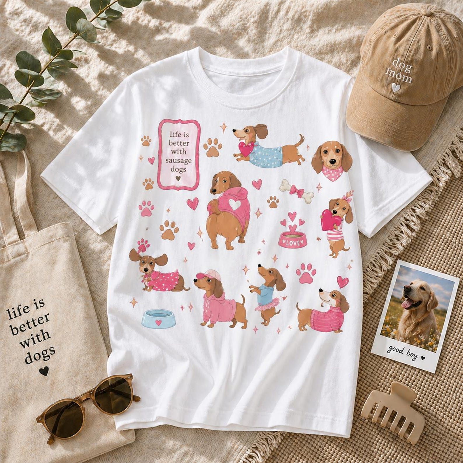 Sausage Dog Collage T-Shirt, Dachshund Puppy Illustrations, Dog Lover Tee S