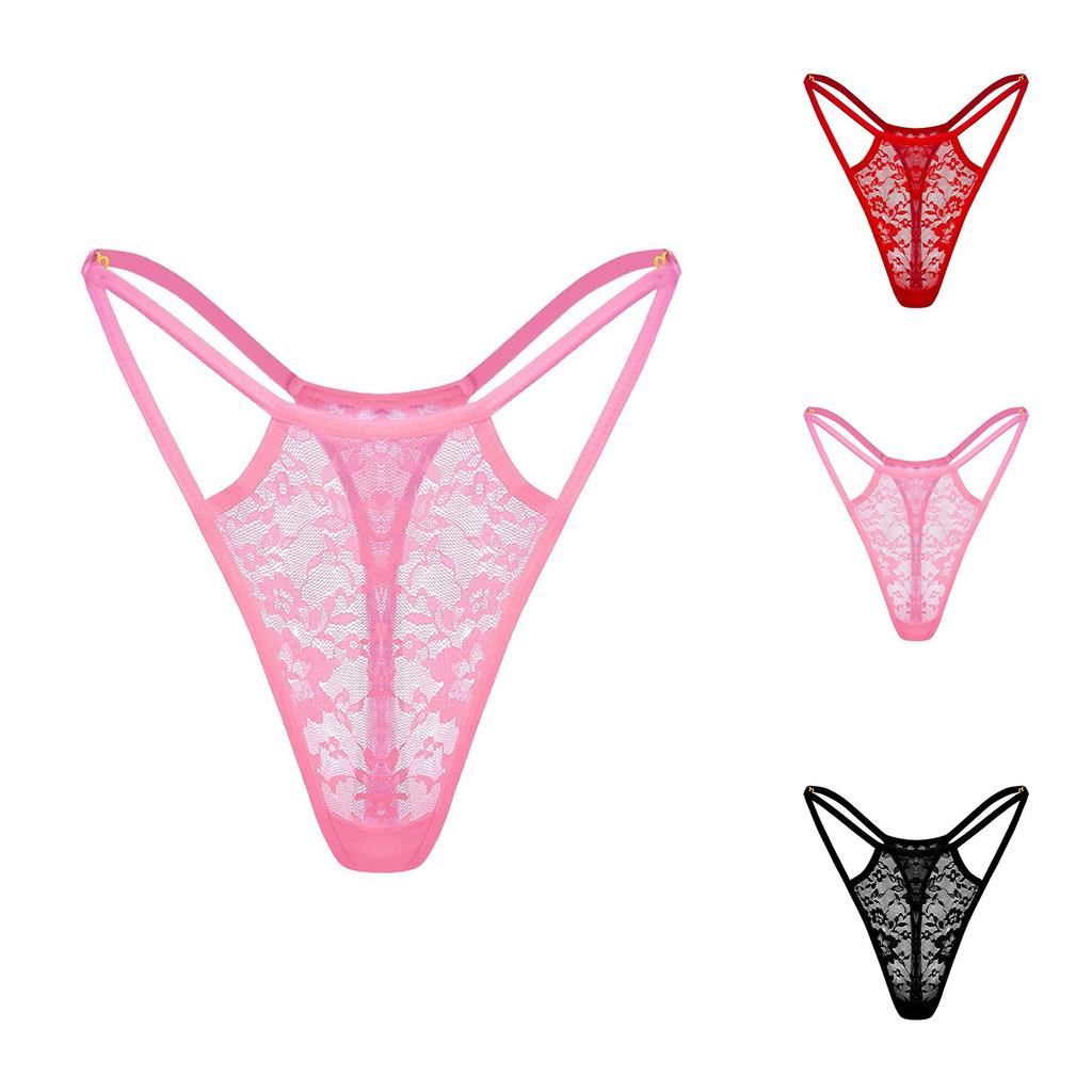 Women's Sexy Solid Color Lace Hollow See-through Low Waist Thong
