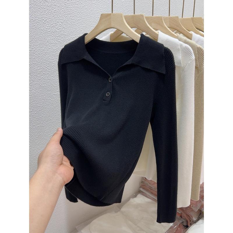 Lapel Retro Inner Knitted Women's Spring and Autumn New Long-sleeved Pullover Sweater Bottoming Shirt Slim-fitting and Thin Top