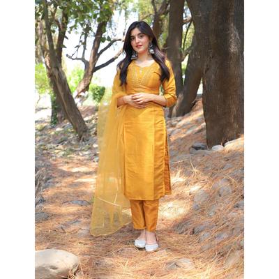 Women Cotton Embroidery Kurti Pant Dupatta Set Bollywood Designer Salwar Kameez