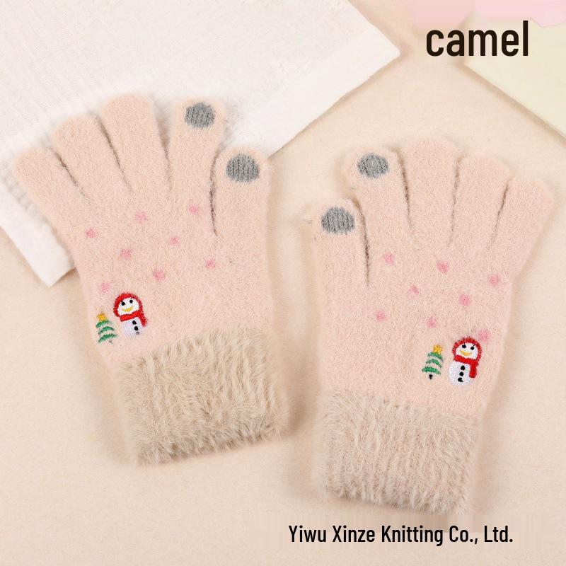 Korean Style Christmas Embroidered Warm Wool Touchscreen Gloves for Men and Women