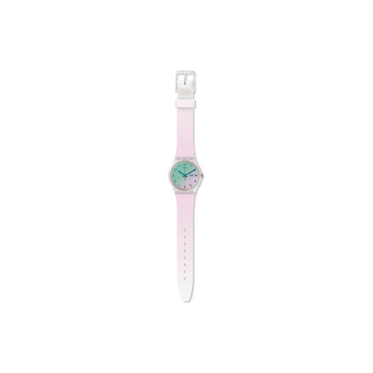 Swatch Quartz Movement Dual Date Laser Mirror Waterproof Watch Pink Dial Plastic Case Silicone Strap Unisex watches GE714