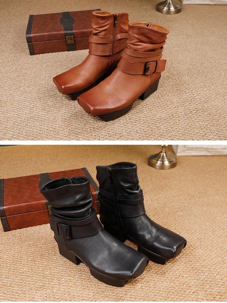 Johnature Cowhide Women's Short Boots Genuine Leather Versatile Mid Heel Square Toe Boots