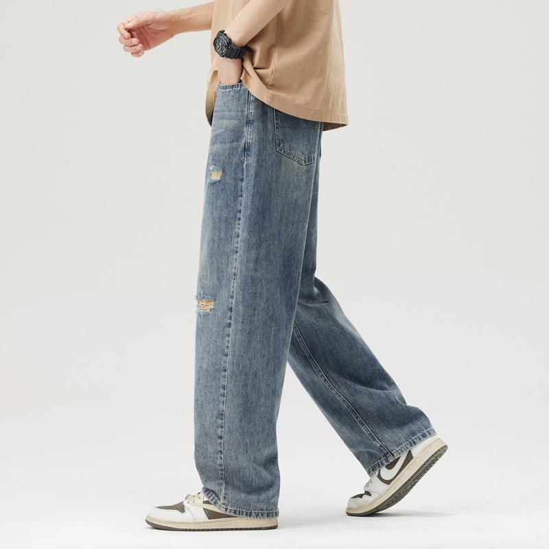 New Spring and Summer Loose Wide-leg Pants Straight High Street Retro Ripped Jeans Men