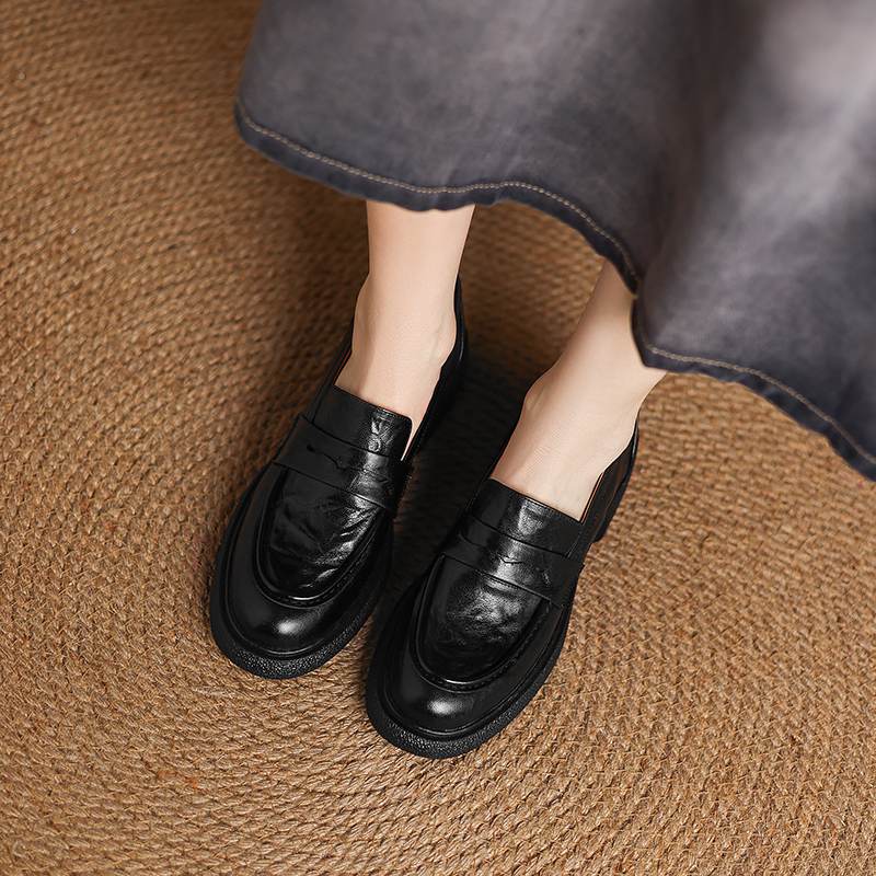 Krazing Pot Sheepskin Autumn Winter Shoes Slip on Chunky Heels Oxford Shoes Size 43 Round Toe Deep Mouth Waterproof Pumps