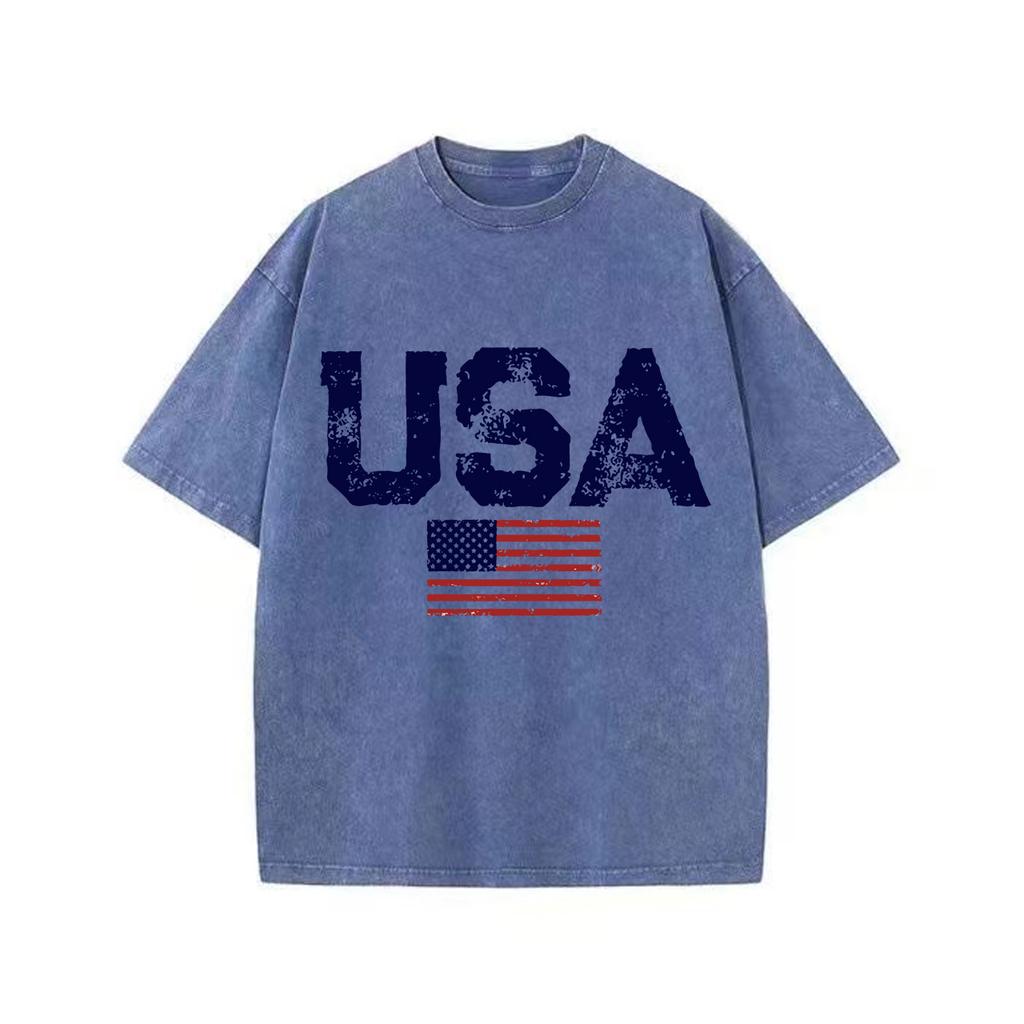 Usa Letters American Flag Stars And Stripes Mens Clothing Loose T-shirt Autumn Pullover T-shirt Retro Washed Vintage T-shirt