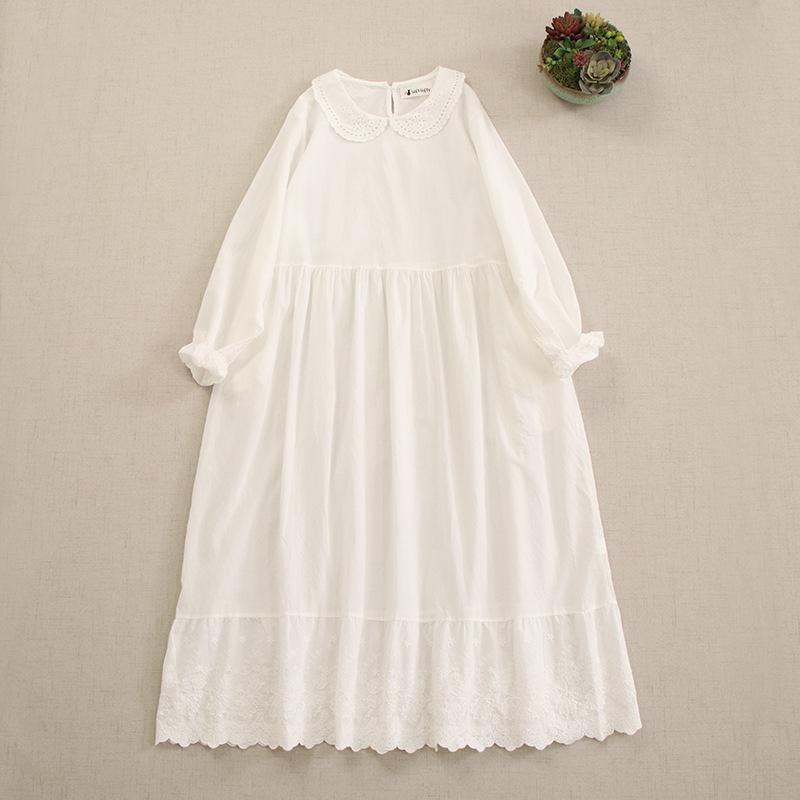 

Японский литературный кукольный воротник, однотонное хлопковое платье с длинными рукавами, свободная кружевная вышивка, пуловер, длинная юбка One size белый