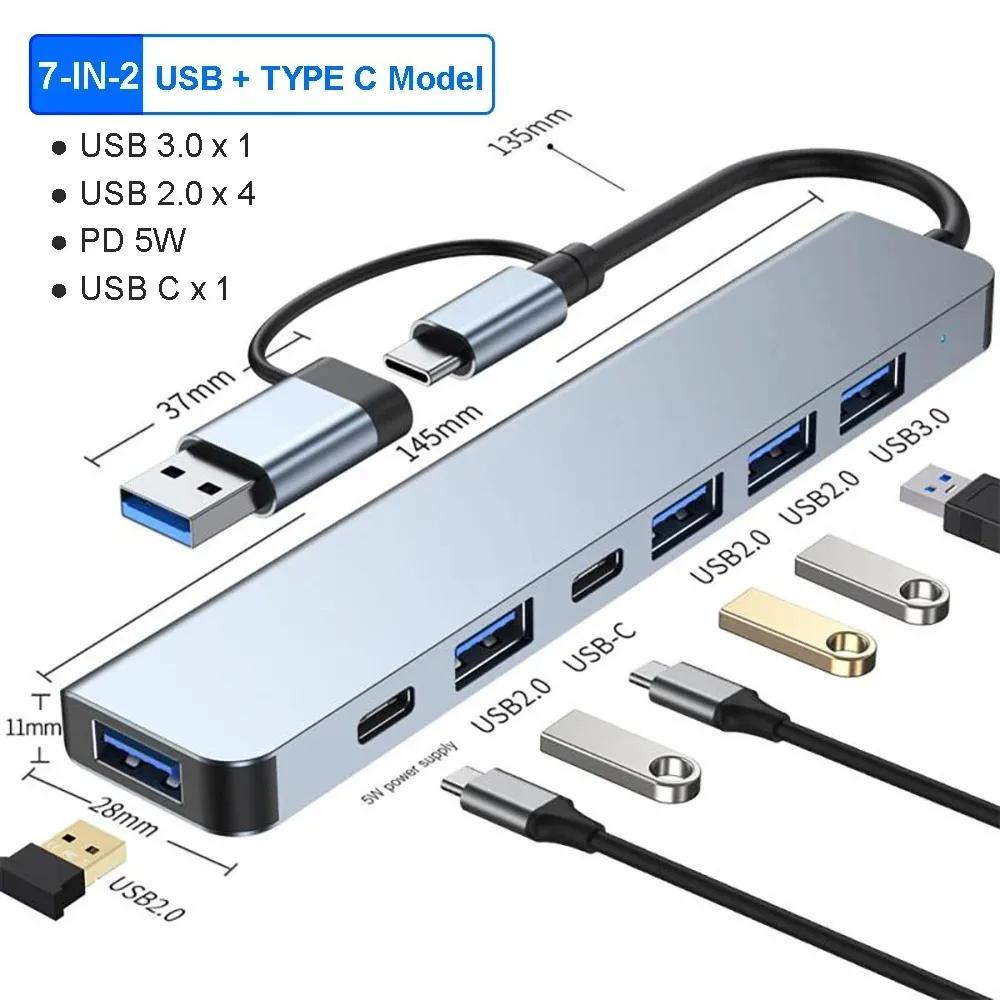 

Aluminum 7-in-1 USB C Hub 3.0 Extender with 1X USB 3.0 4X USB 2.0 2X USB C Ports Splitter for Laptops Tablets