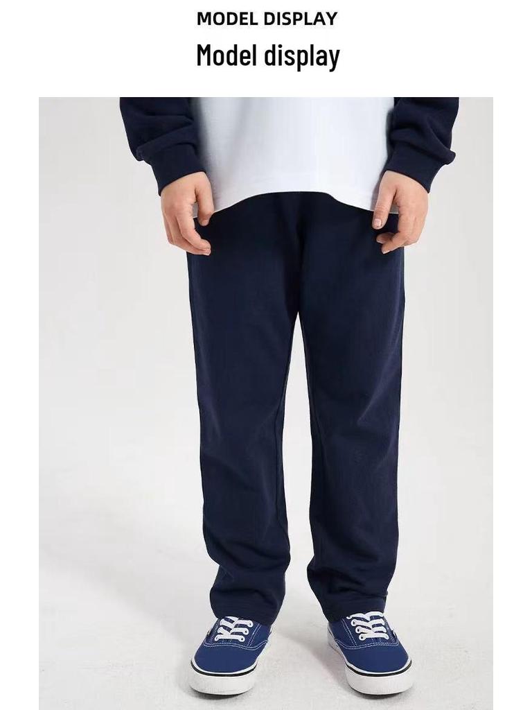 Kids' Navy Blue Sports Pants with Plush Lining, Autumn-Winter School Uniform, Loose Fit, Straight Leg for Boys and Girls