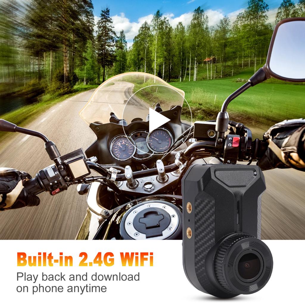 2K Motorcycle Dash Cam, 2.4G WiFi Riding Recorder with APP Control, Loop Recording, Plug and Play, TF Card Support