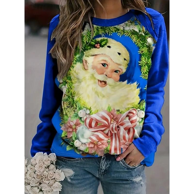 Women's Pullover Graphic Santa Claus Christmas Casual Long Sleeve Crew Neck Regular Tops Casual Holiday Print Pink Red Blue Spring Fall Winter