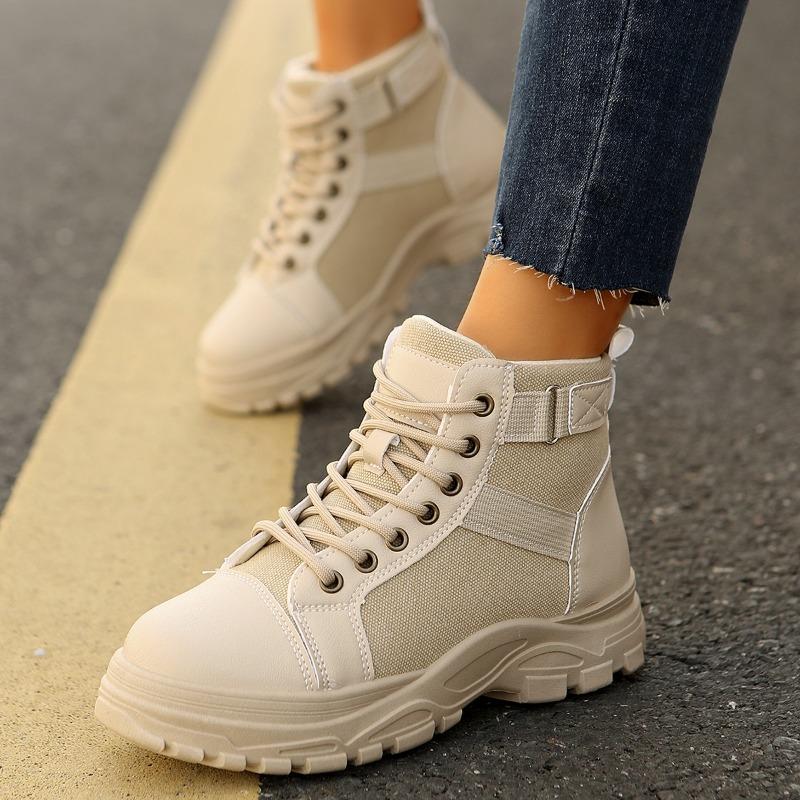 Fashion Women's Thick Sole Cotton Boots Winter New Round Head Splicing Front Strap Side Pull Anti-slip Wear-resistant Short Boots