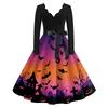 Women's Casual V-Neck Long Sleeve Halloween Print Retro Dress