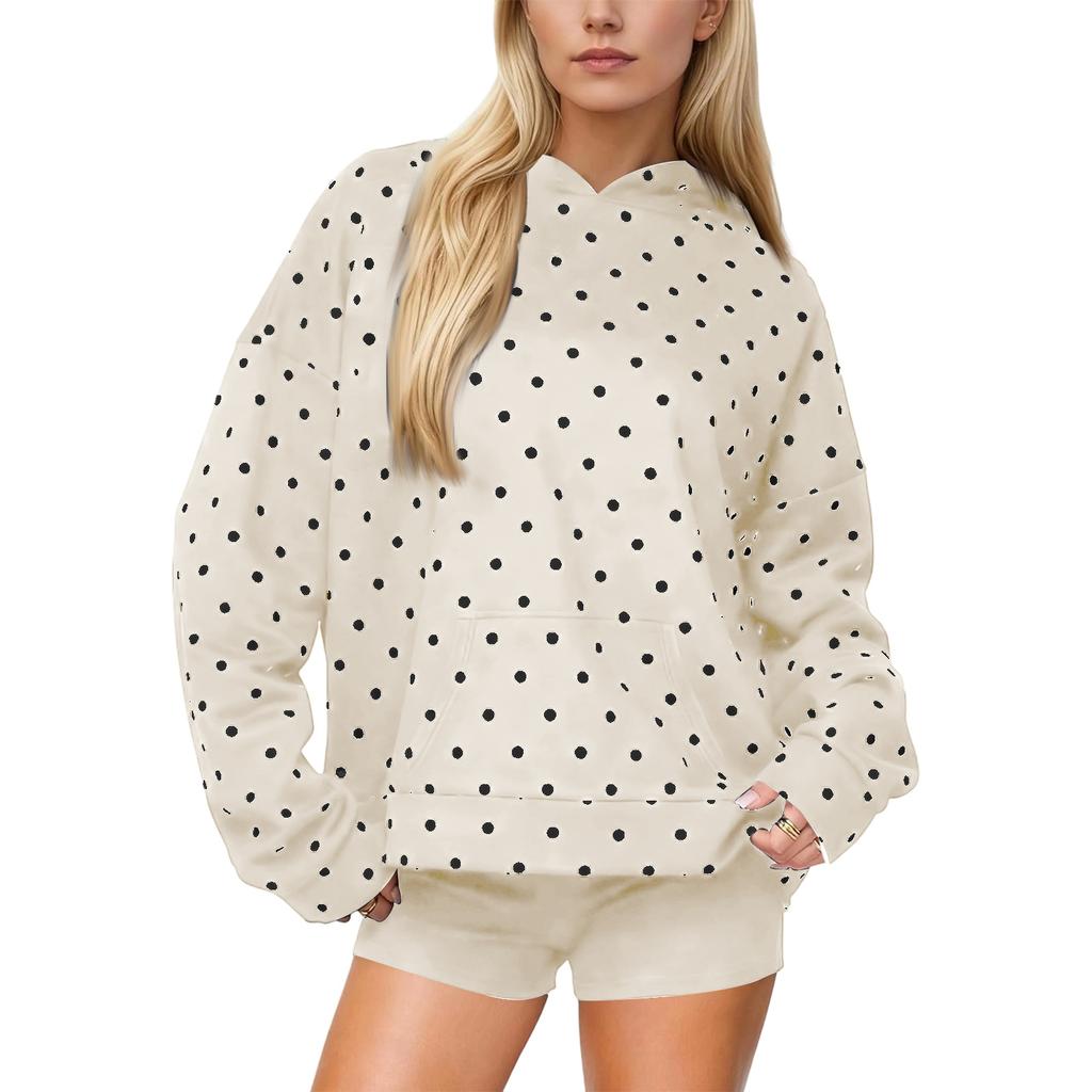 Women's Hooded Sweatshirt With Polka Dot Pattern Print, Trendy And Versatile Top