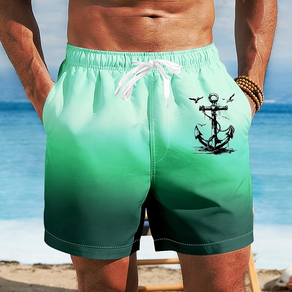 Men's Nautical Anchor Gradient Color Swim Trunks Bathing Suits Swim Shorts Board Shorts Mid Waist Hawaiian Beach Vacation